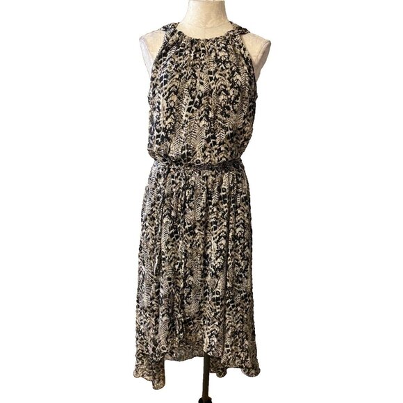 MSK Midi Dress 14 Black Cream Brown Flowy W Tassel Belt Washable Sleeveless - Picture 1 of 5